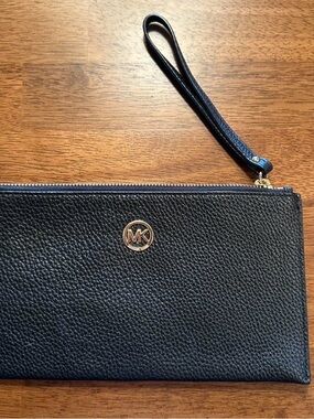 Michael Kors Black Pebbled Leather Wristlet with Gold MK Accent